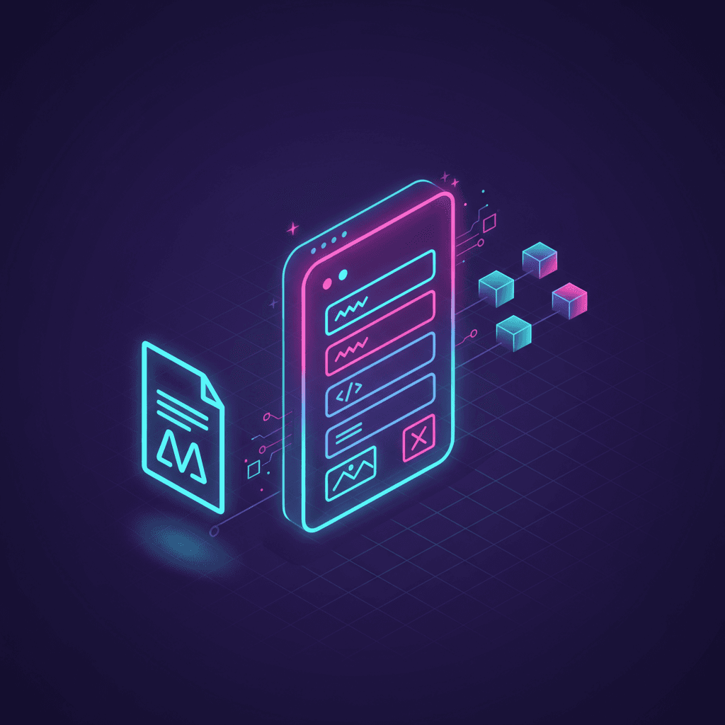 A glowing smartphone displays a user interface with various input fields and icons, surrounded by floating geometric shapes and a document icon. The vibrant neon colors and digital elements suggest a theme of technology and app development.