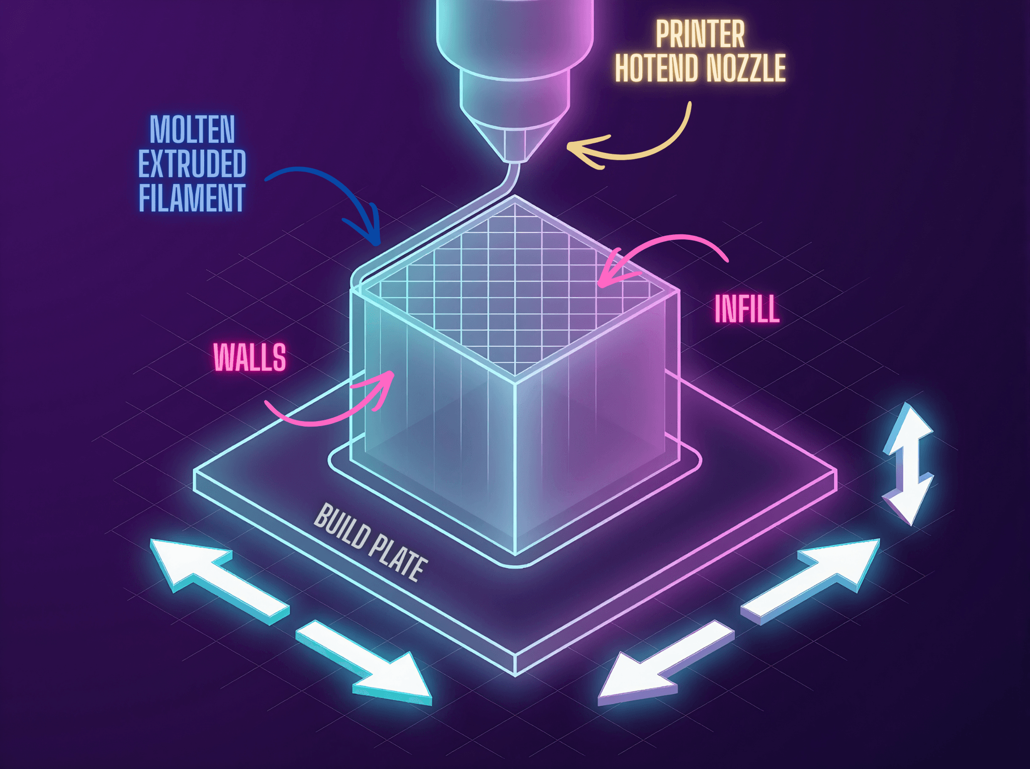 A 3D printer is depicted with a hotend nozzle extruding molten filament onto a build plate, forming a cube structure. The illustration highlights the components of the printing process, including walls and infill, with arrows indicating the movement and flow of materials.