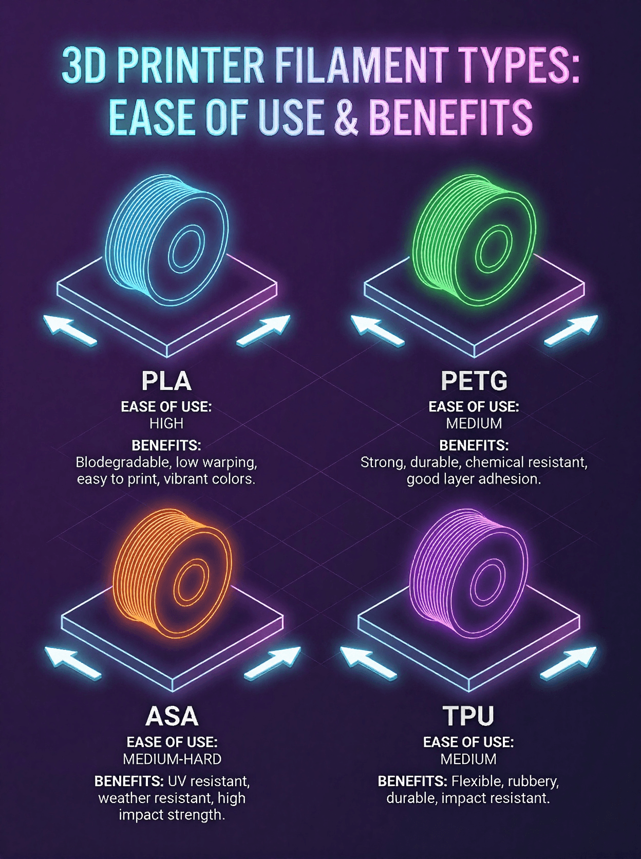 A colorful infographic detailing different types of 3D printer filaments, including PLA, PETG, ASA, and TPU. Each filament type is accompanied by its ease of use rating and key benefits, presented in a visually engaging format with neon colors against a dark background.