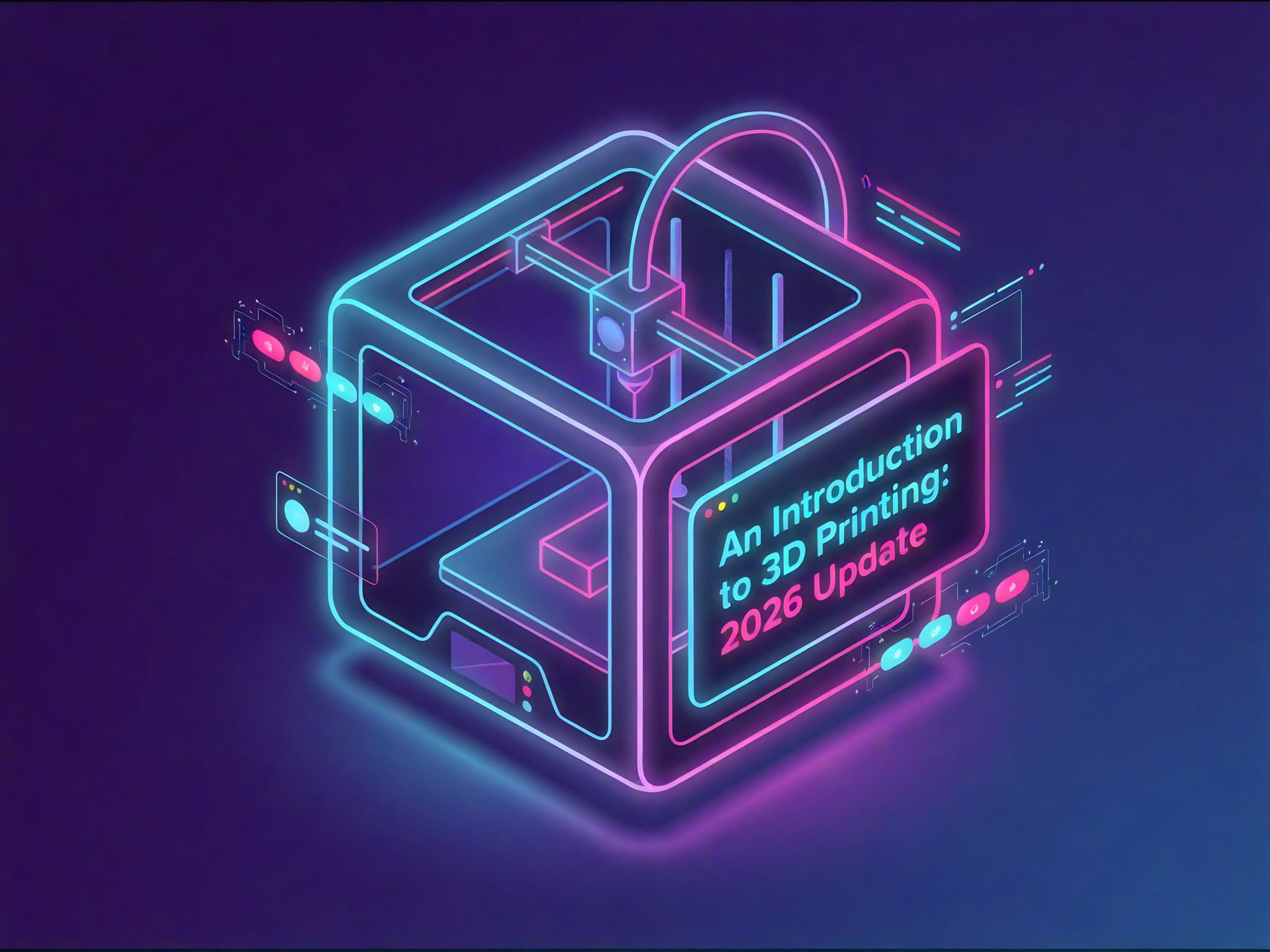A stylized 3D printer is depicted in neon colors against a dark background, with digital elements and icons surrounding it. The text prominently displays "An Introduction to 3D Printing: 2026 Update," suggesting a focus on advancements in 3D printing technology.
