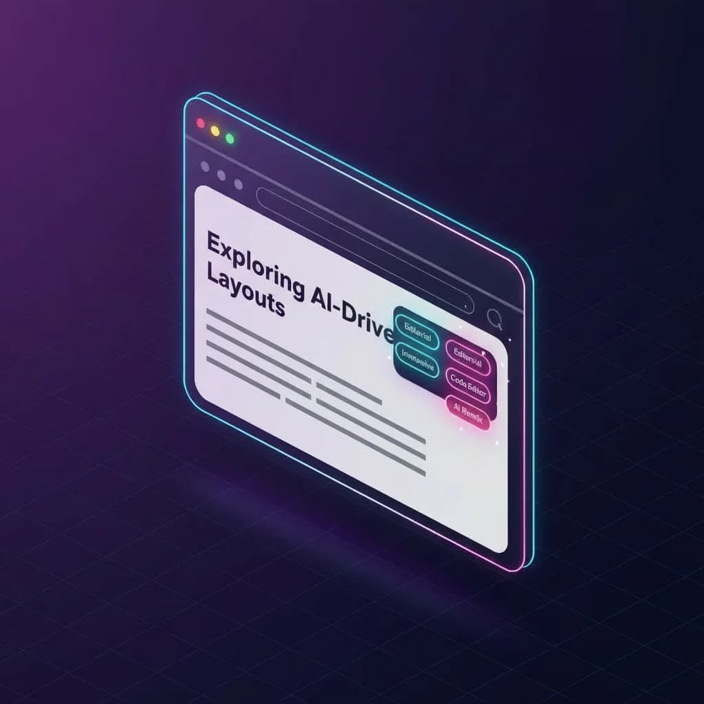 A stylized web browser window displays the title "Exploring AI-Driven Layouts," with various interactive buttons labeled "Editorial," "Immersive," "Code Editor," and "AI Prompt" along the top. The background features a gradient of dark purple tones, enhancing the modern digital aesthetic.