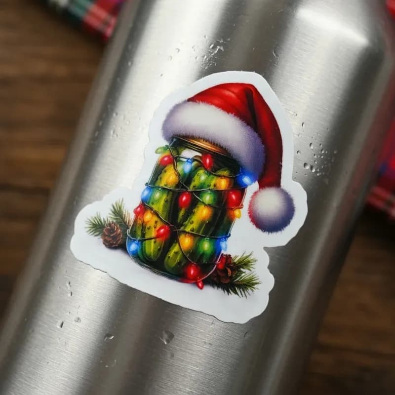 A stainless steel water bottle features a colorful sticker of a jar filled with pickles, adorned with Christmas lights and wearing a Santa hat.