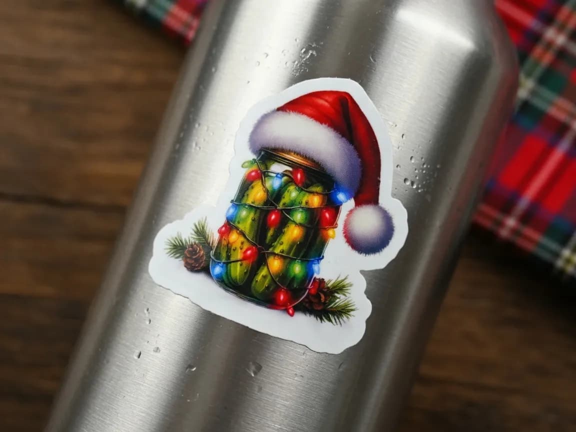 A stainless steel water bottle features a colorful sticker of a jar filled with pickles, adorned with Christmas lights and wearing a Santa hat.
