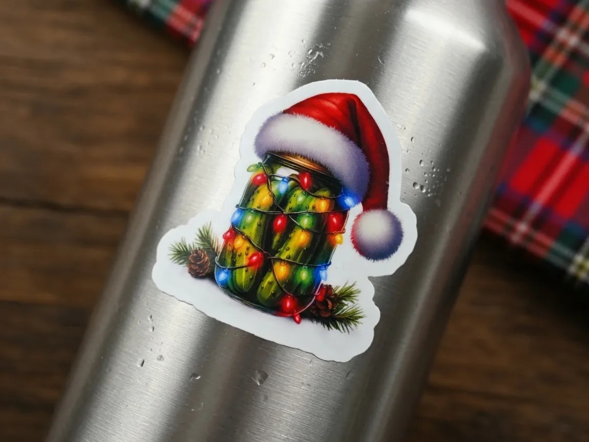 A stainless steel water bottle features a colorful sticker of a jar filled with pickles, adorned with Christmas lights and wearing a Santa hat.