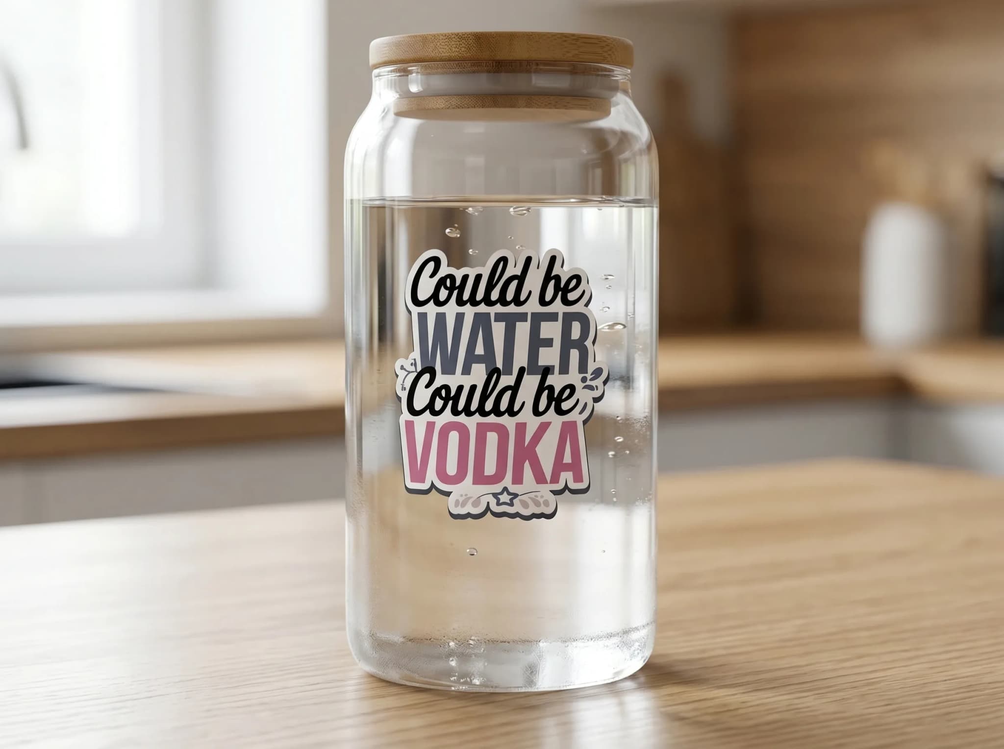 A clear glass jar filled with liquid sits on a wooden surface, featuring a label that reads "Could be WATER, Could be VODKA."