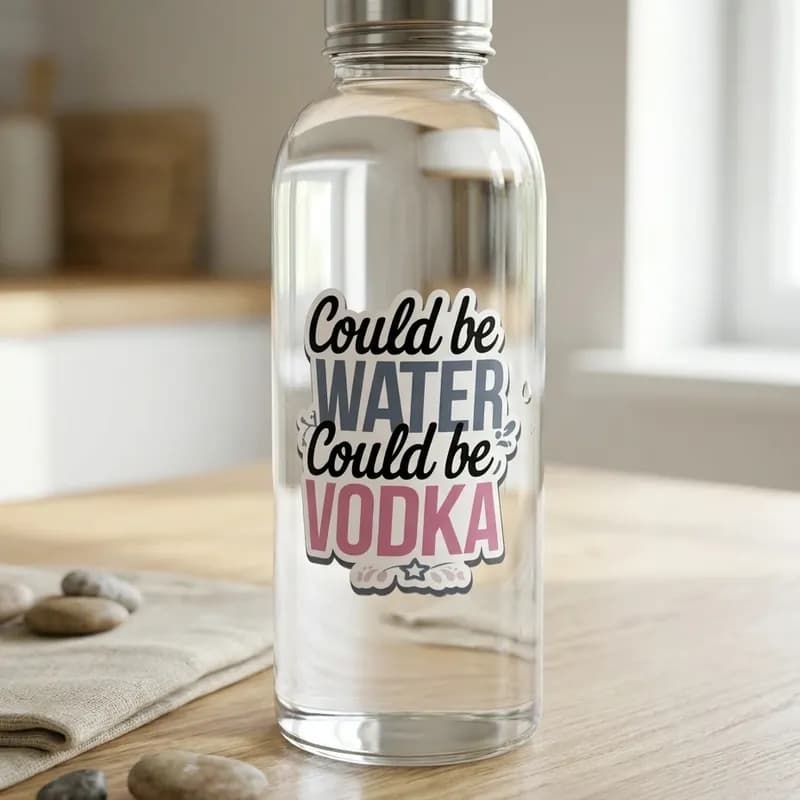 A clear glass bottle sits on a wooden surface, featuring the text "Could be WATER, Could be VODKA" in bold, colorful lettering.