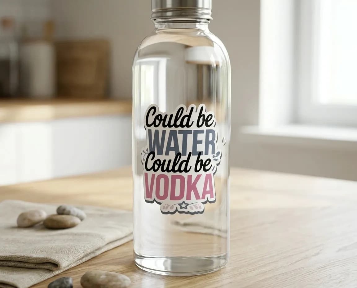 A clear glass bottle sits on a wooden surface, featuring the text "Could be WATER, Could be VODKA" in bold, colorful lettering.