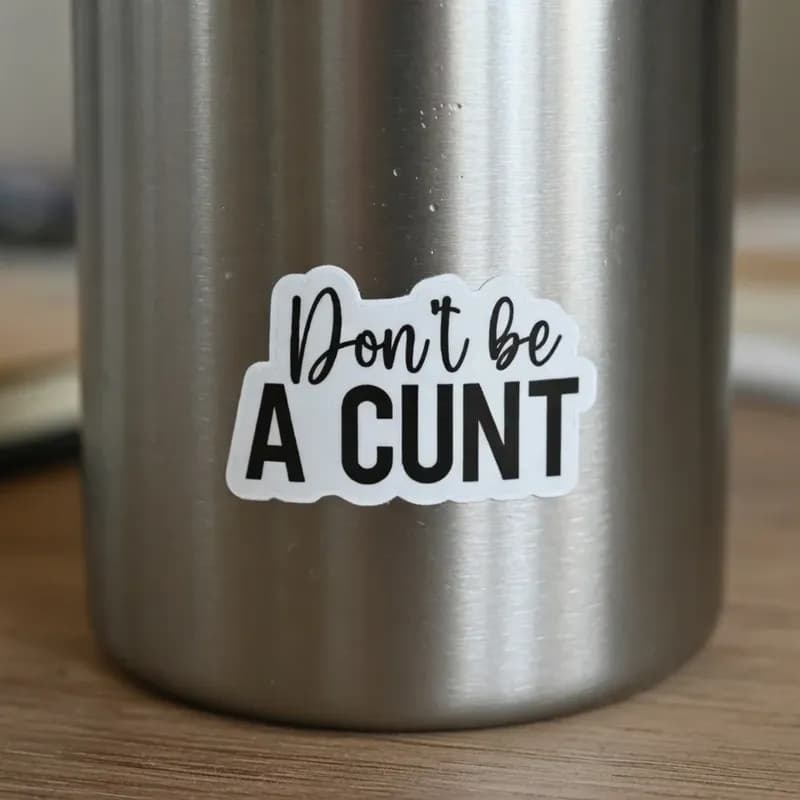 A silver stainless steel container features a white sticker with the text "Don't be A CUNT."