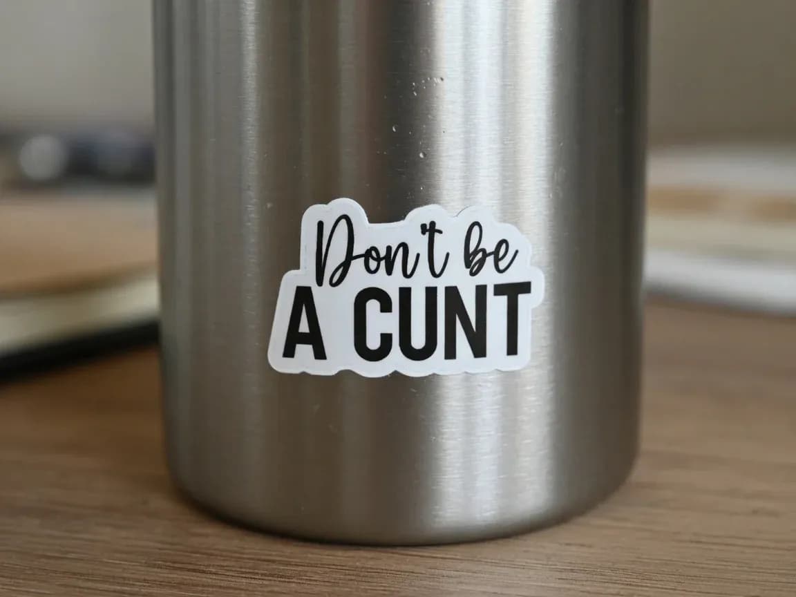 A silver stainless steel container features a white sticker with the text "Don't be A CUNT."