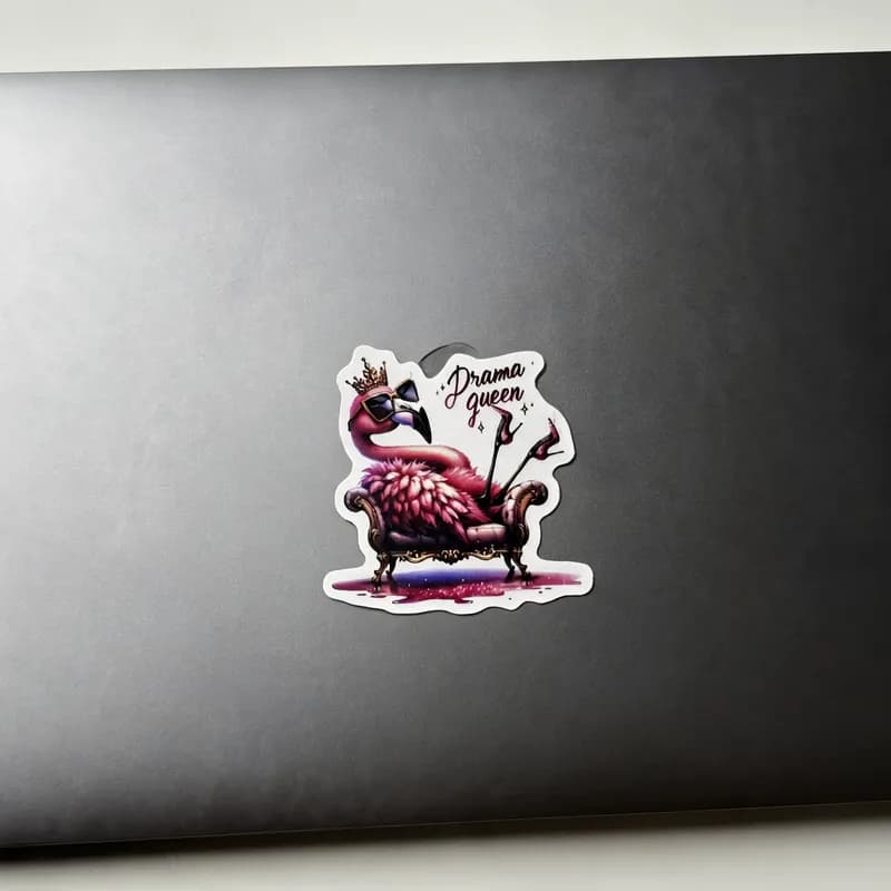 A colorful sticker of a flamingo wearing sunglasses and a crown, sitting on a chair with the text "Drama queen" above it, is placed on a dark laptop.