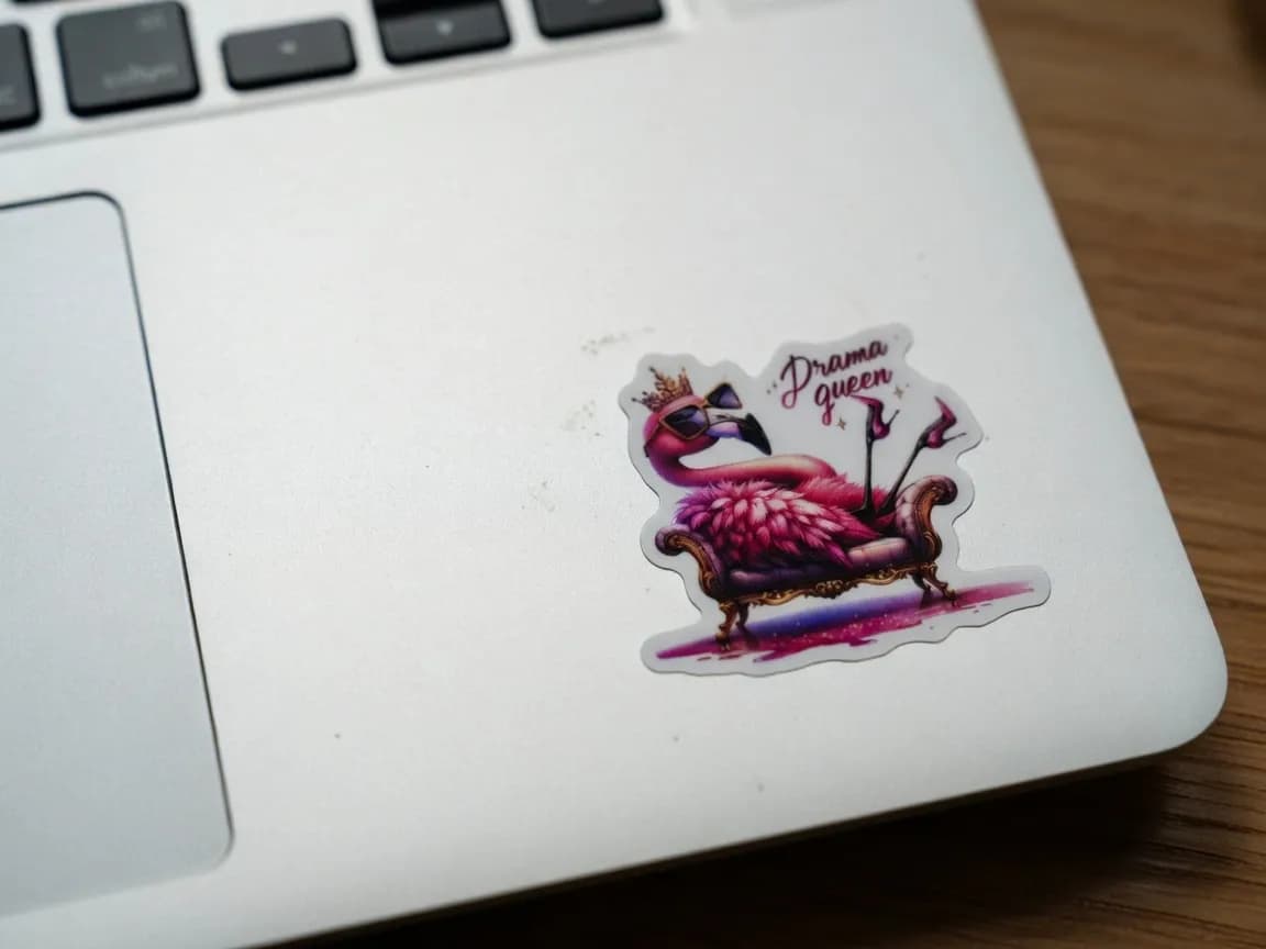 A colorful sticker of a flamingo wearing sunglasses and a crown, lounging on a couch with the text "Drama queen."