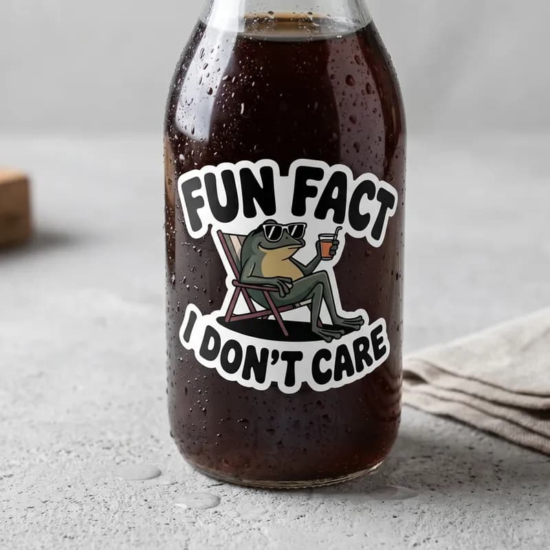 A glass bottle filled with a dark beverage features a sticker of a cartoon frog wearing sunglasses and sitting in a chair, with the text "FUN FACT I DON'T CARE" above and below the frog.
