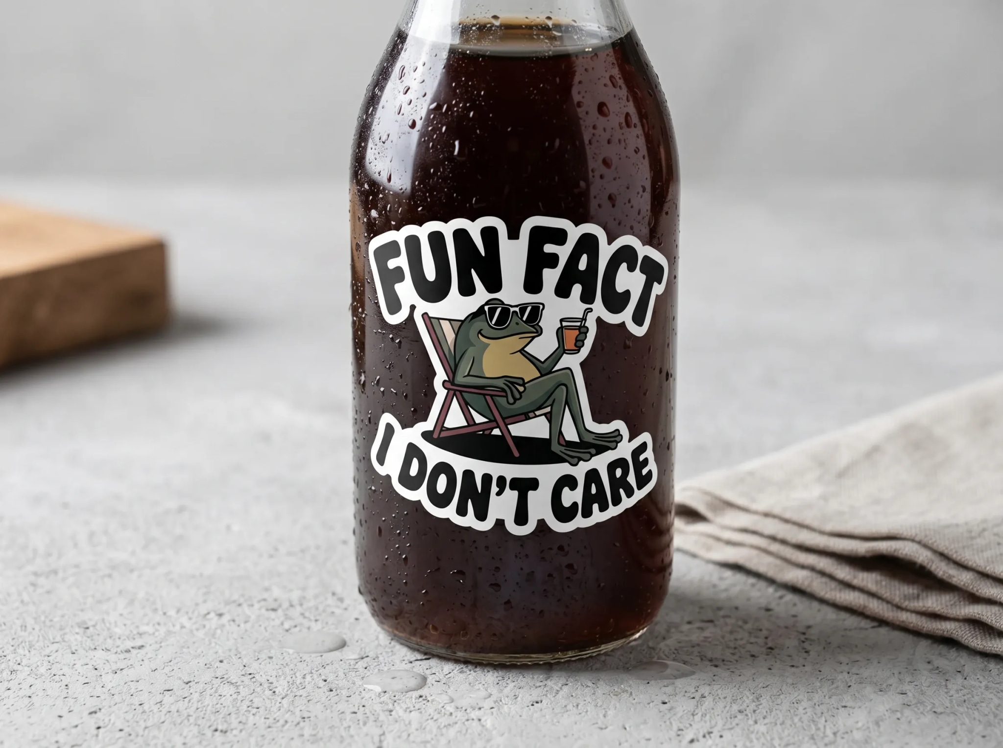 A glass bottle filled with a dark beverage features a sticker of a cartoon frog wearing sunglasses and sitting in a chair, with the text "FUN FACT I DON'T CARE" above and below the frog.