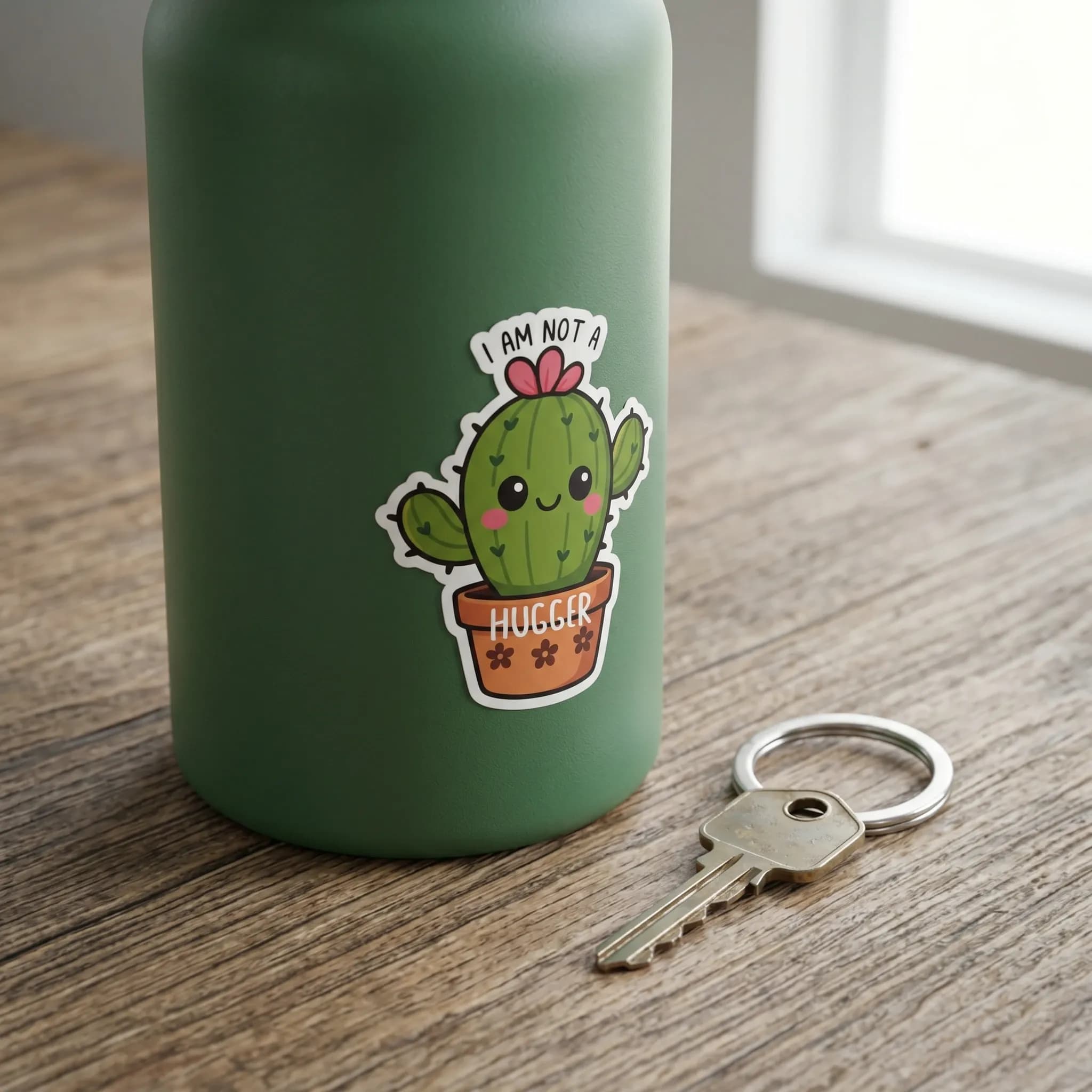 A green bottle with a cartoon cactus sticker that has the text "I AM NOT A HUGGER" sits on a wooden surface next to a key on a keyring.