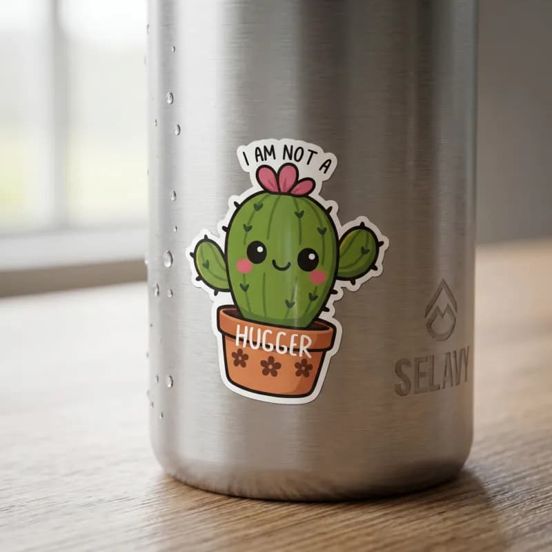 A cute cartoon cactus sticker with a smiling face and a pink flower on top is affixed to a stainless steel container.