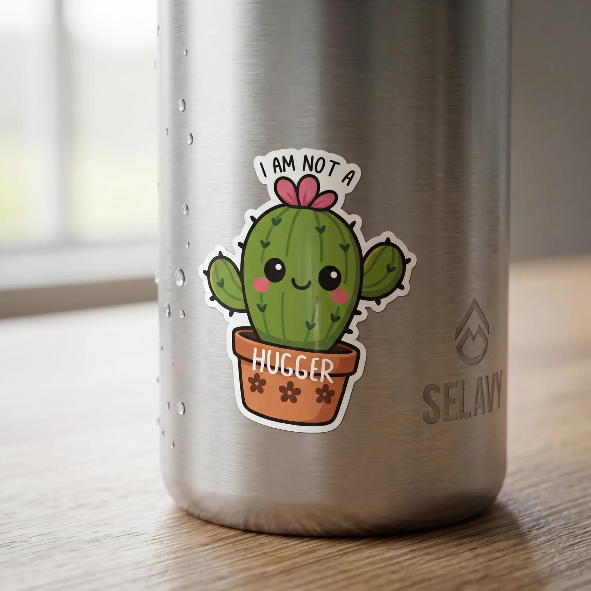 A cute cartoon cactus sticker with a smiling face and a pink flower on top is affixed to a stainless steel container.