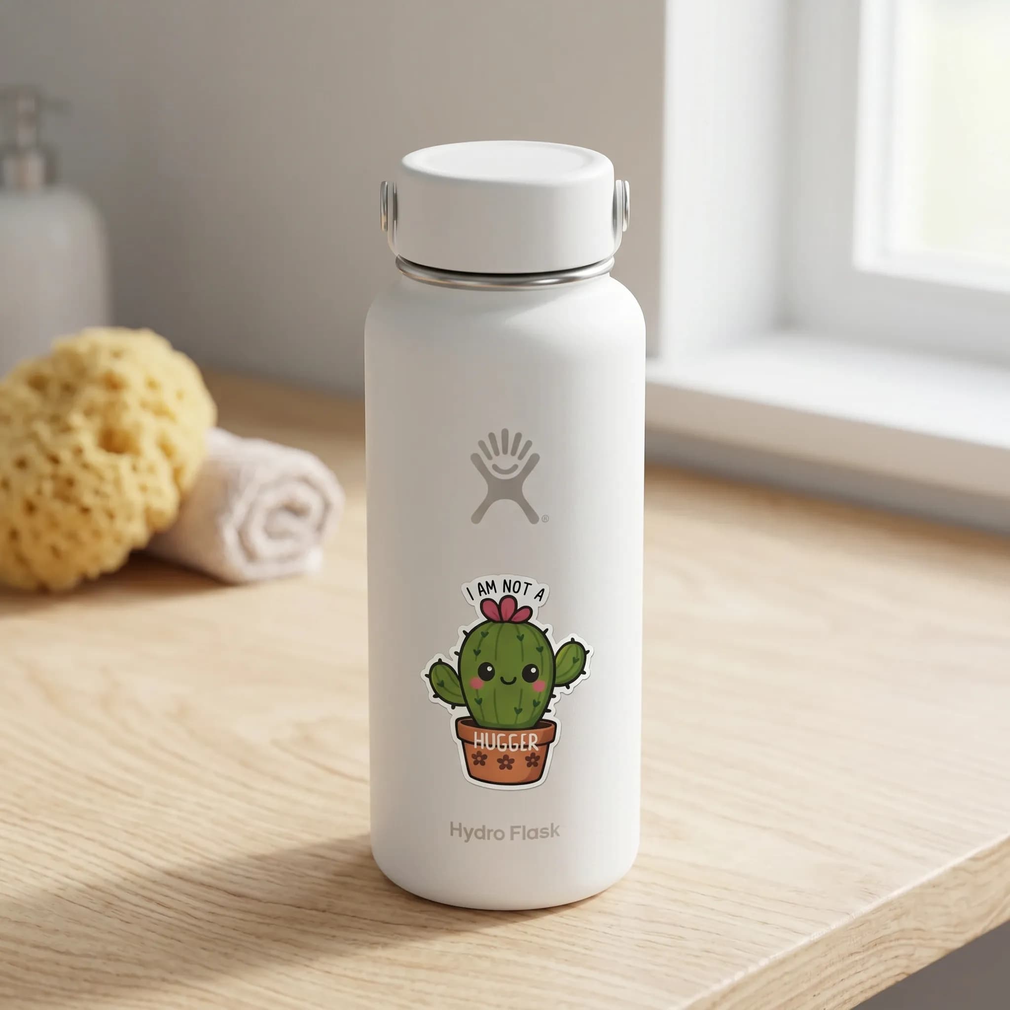 A white water bottle with a cartoon cactus sticker that reads "I AM NOT A HUGGER" sits on a wooden surface next to a sponge and a rolled towel.
