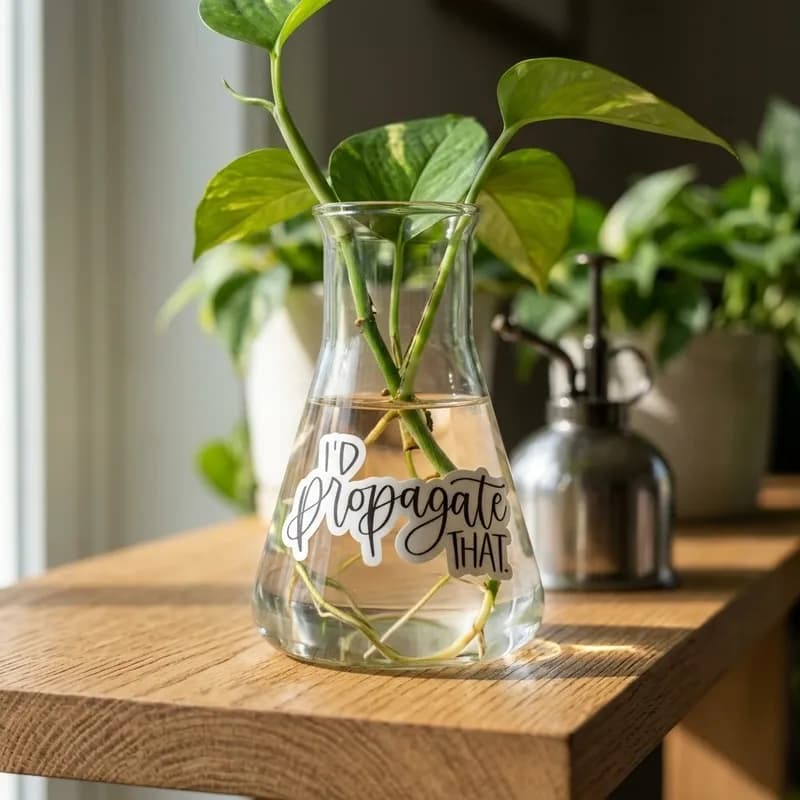 A glass vase containing water and plant cuttings sits on a wooden surface, with green leaves visible in the background.