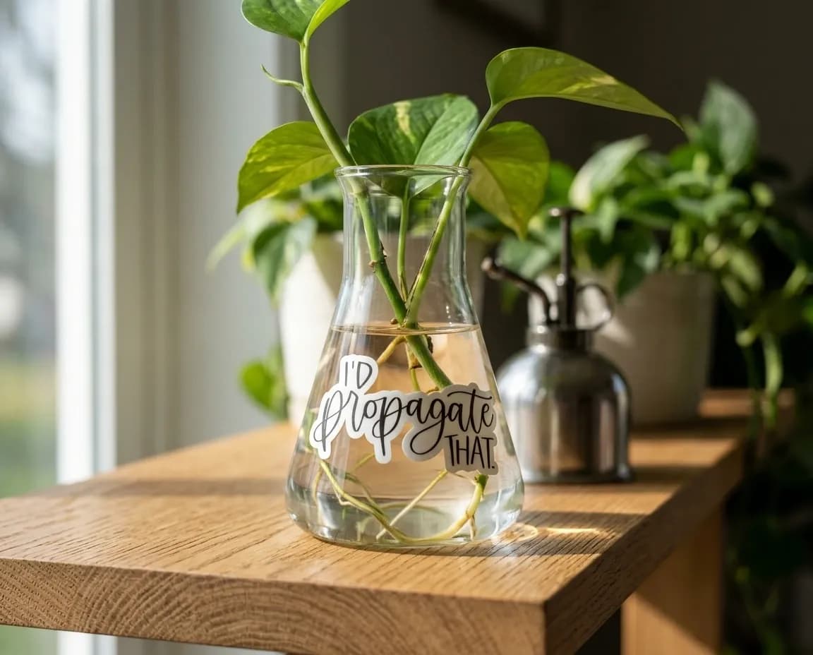 A glass vase containing water and plant cuttings sits on a wooden surface, with green leaves visible in the background.