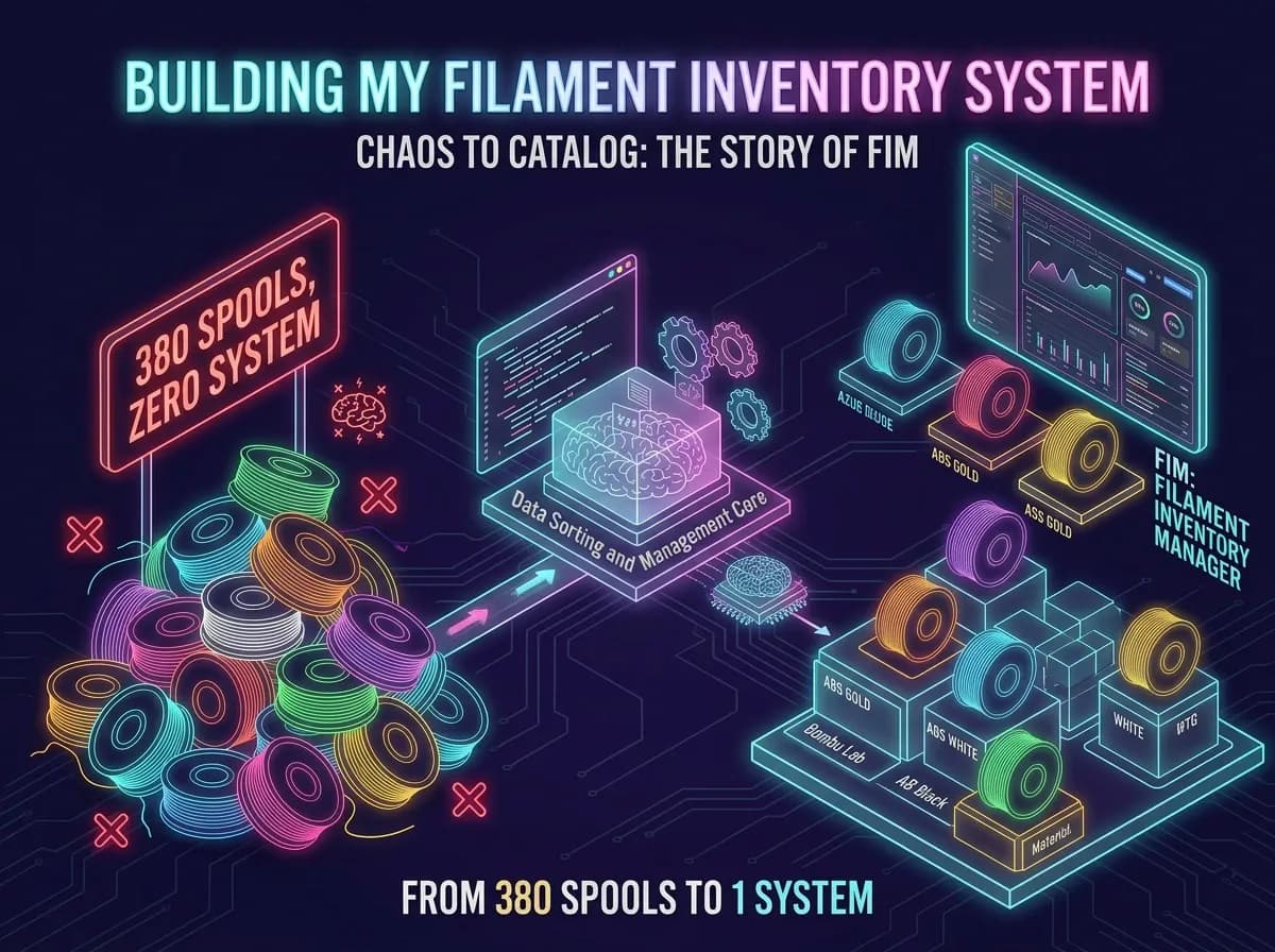 3D printed spools of filament in various colors are organized in a system illustrating inventory management, with digital elements and labels indicating data sorting and cataloging.