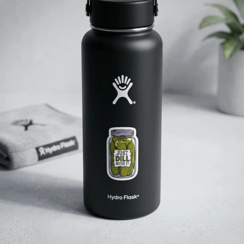 A black water bottle features a sticker of a jar filled with pickles and the text "JUST DILL WITH IT," placed on a light gray surface next to a folded towel.