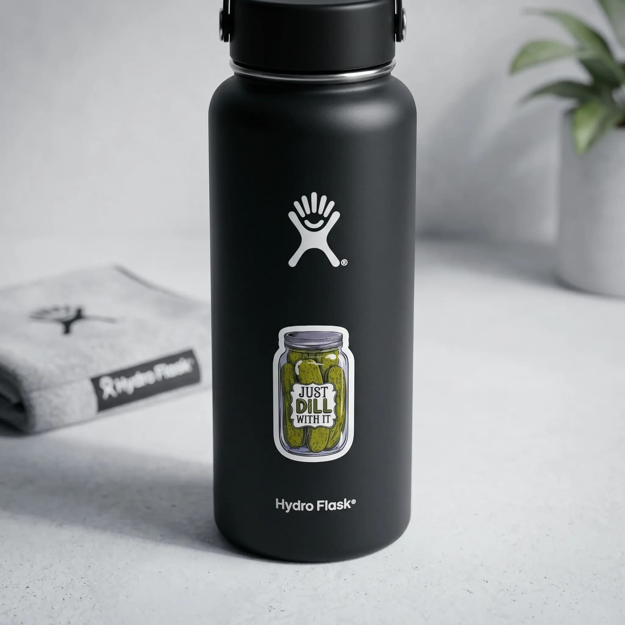 A black water bottle features a sticker of a jar filled with pickles and the text "JUST DILL WITH IT," placed on a light gray surface next to a folded towel.
