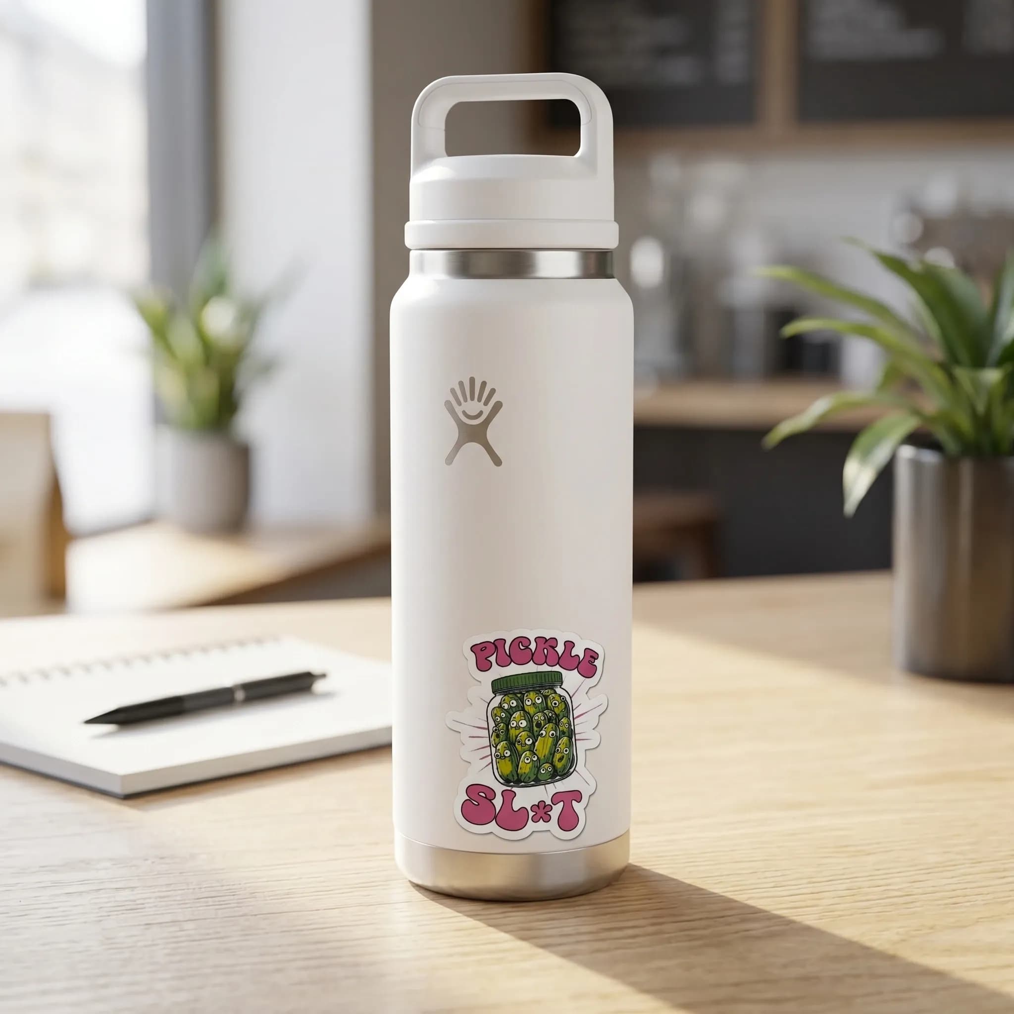 A white water bottle with a graphic sticker featuring a jar of pickles and the text "PICKLE SL*T" is placed on a wooden table next to a notepad and a pen.