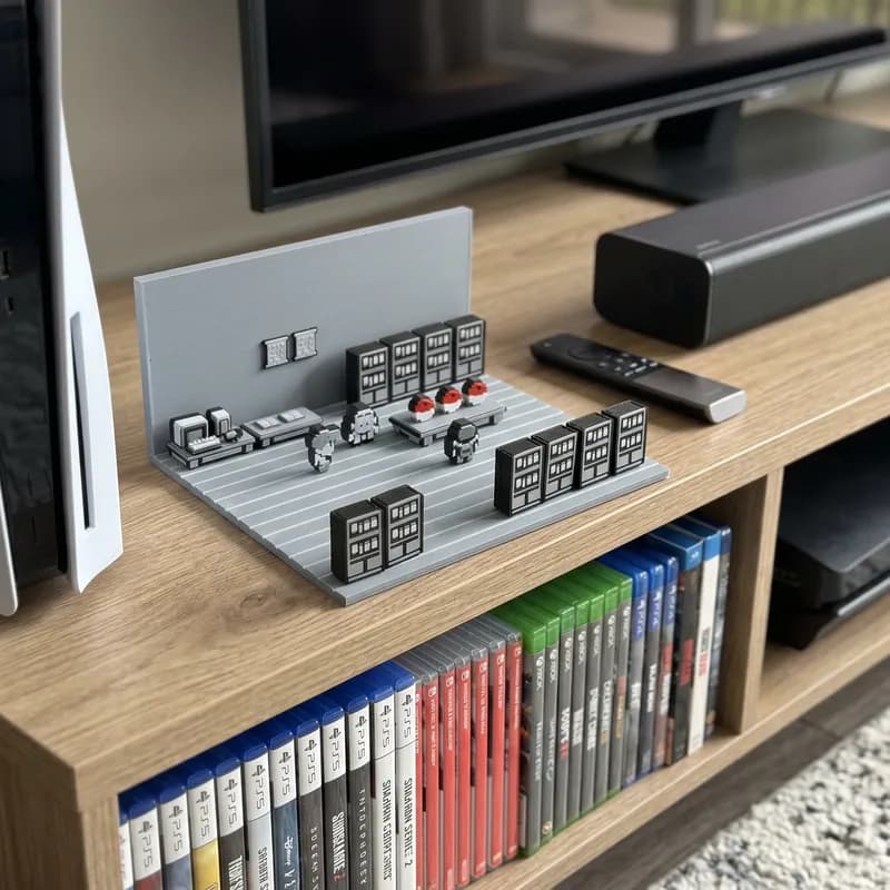 A small, detailed diorama featuring characters and buildings is placed on a wooden shelf next to a gaming console, with a collection of video game cases visible below.