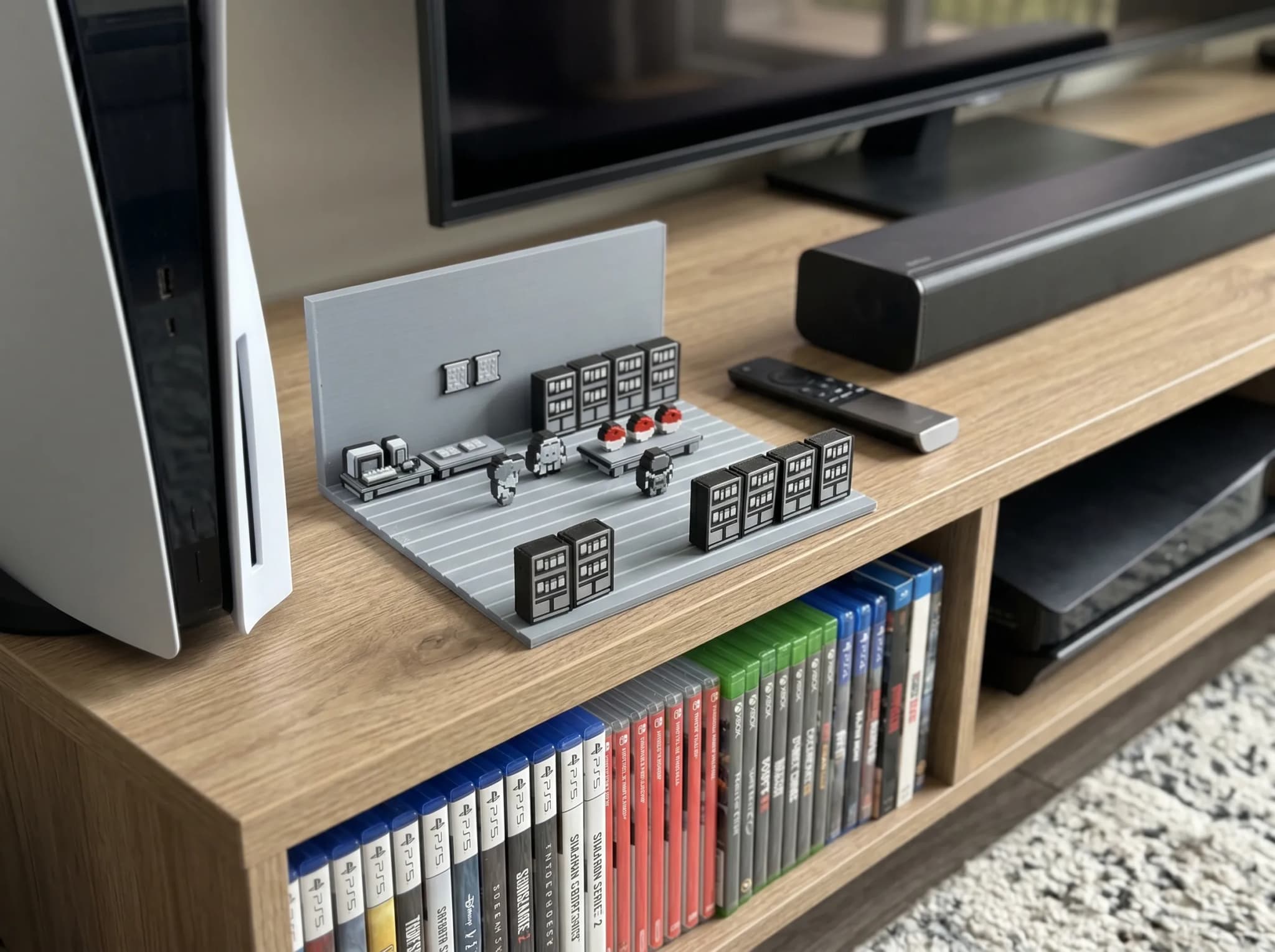 A small, detailed diorama featuring characters and buildings is placed on a wooden shelf next to a gaming console, with a collection of video game cases visible below.