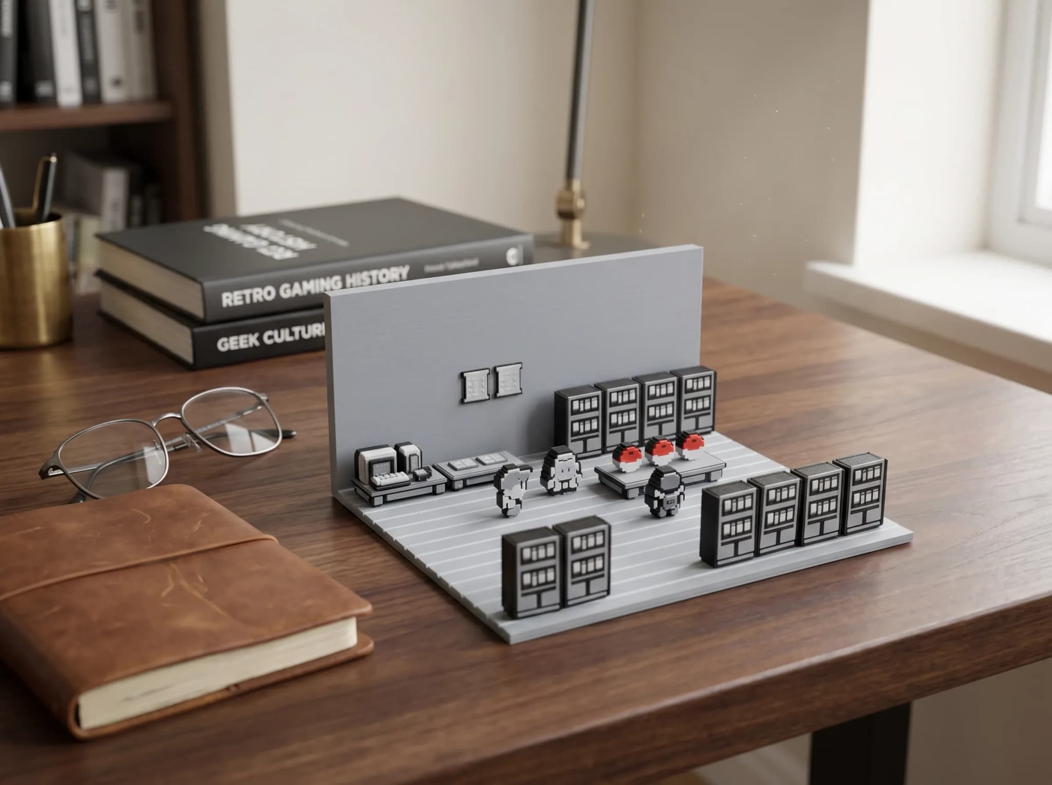 A miniature scene featuring pixelated characters and objects, including shelves and a table with red items, set on a wooden desk alongside glasses and a notebook.