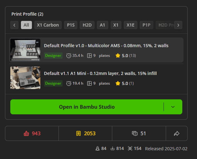 A MakerWorld Print Profiles user interface displaying two 3D print profiles, each with details such as print time, layer height, wall count, and infill percentage. The profiles include ratings and a button for accessing Bambu Studio, with metrics indicating user engagement and release date.