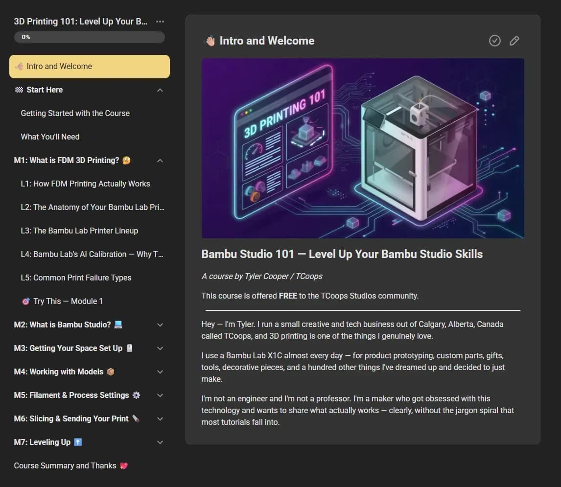 A digital illustration features a 3D printer in a futuristic setting, accompanied by a sidebar listing course topics related to 3D printing.