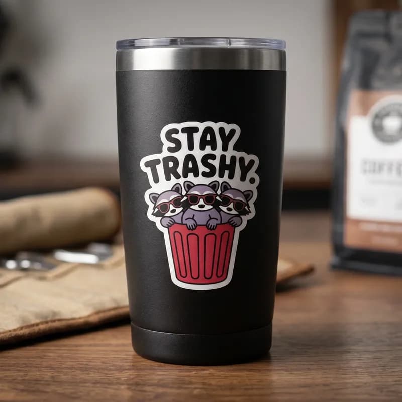 A black tumbler with a graphic of three raccoons wearing sunglasses inside a red trash can, accompanied by the text "STAY TRASHY."