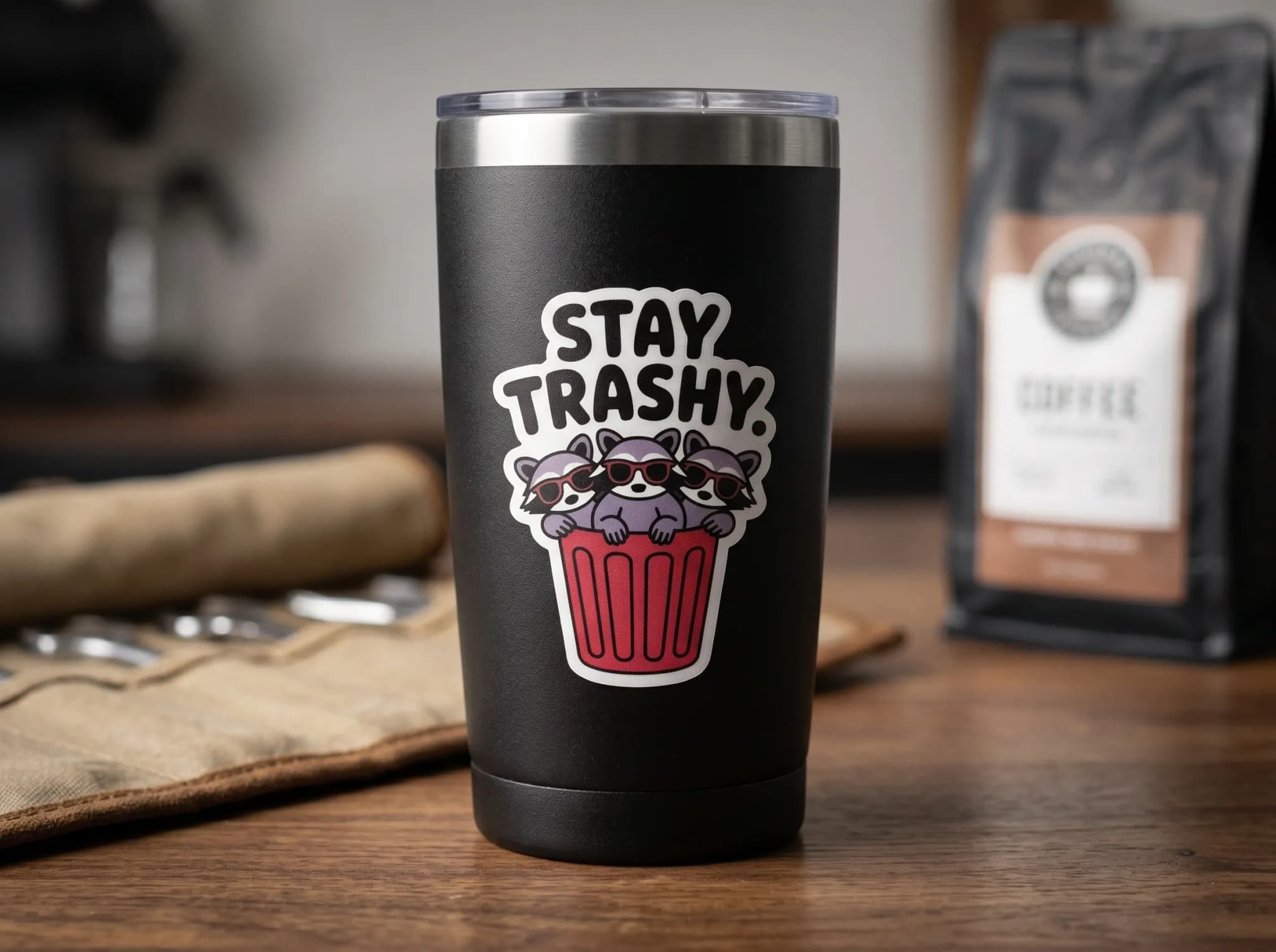 A black tumbler with a graphic of three raccoons wearing sunglasses inside a red trash can, accompanied by the text "STAY TRASHY."