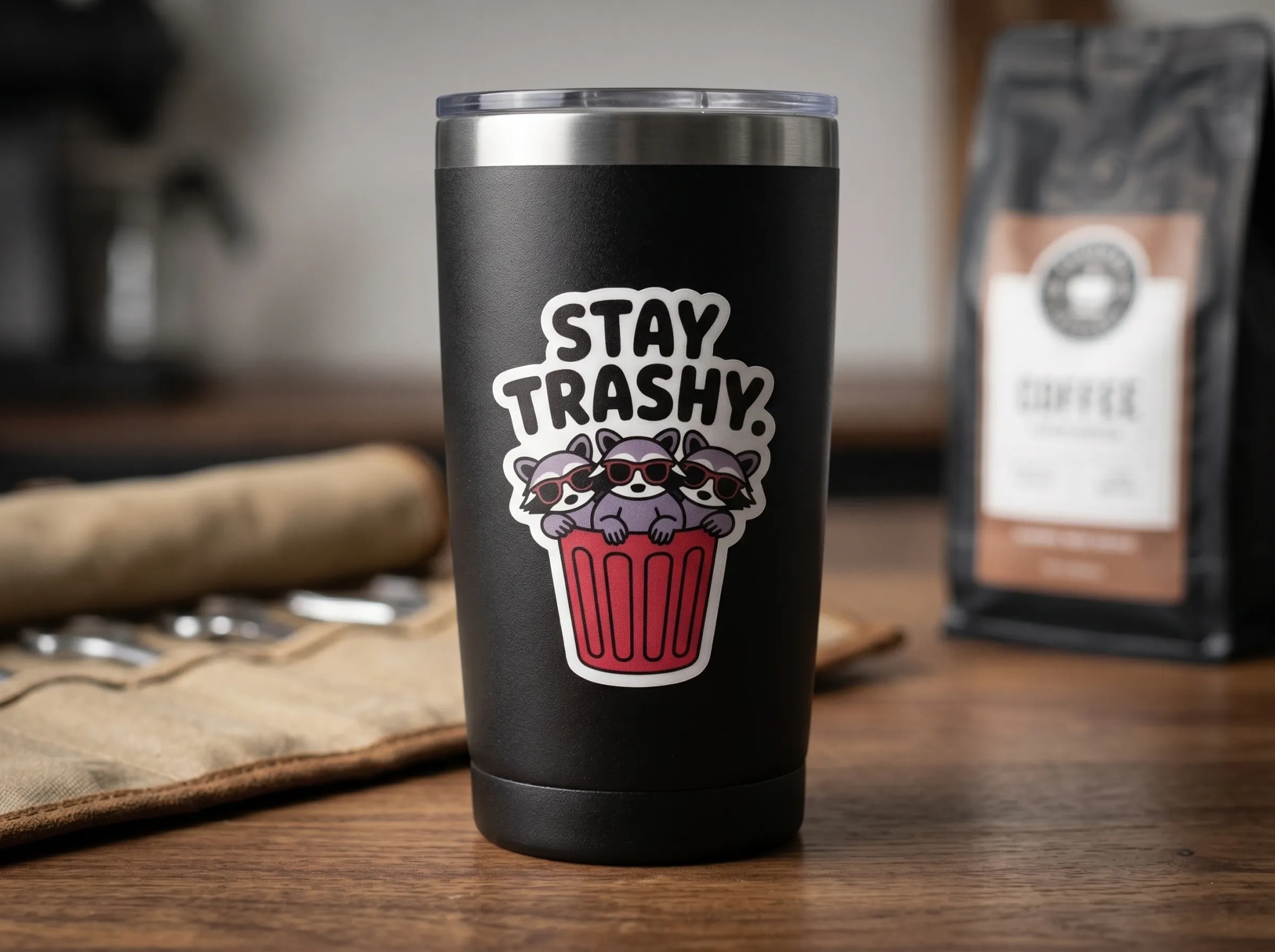 A black tumbler with a graphic of three raccoons wearing sunglasses inside a red trash can, accompanied by the text "STAY TRASHY."