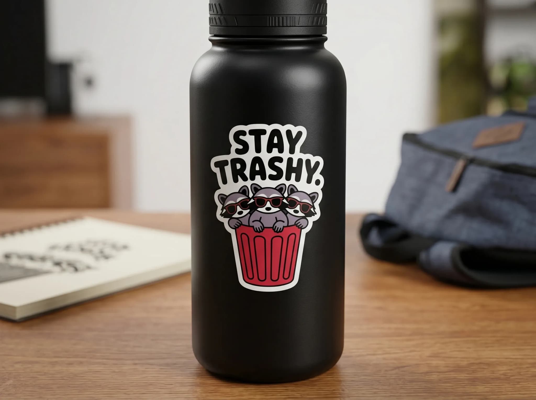 A black water bottle features a sticker with three raccoons wearing sunglasses inside a red popcorn container, accompanied by the text "STAY TRASHY."