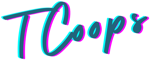 The text "TCoops" is displayed in a vibrant, stylized font featuring a gradient of teal and pink colors, with a playful, modern design. The letters have a dynamic, flowing appearance, suggesting a creative or artistic theme.