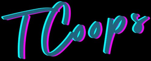 Stylized text reads "TCoop8" in vibrant shades of blue and pink, featuring a modern, cursive font with a slight glow effect, suggesting a dynamic and creative theme.