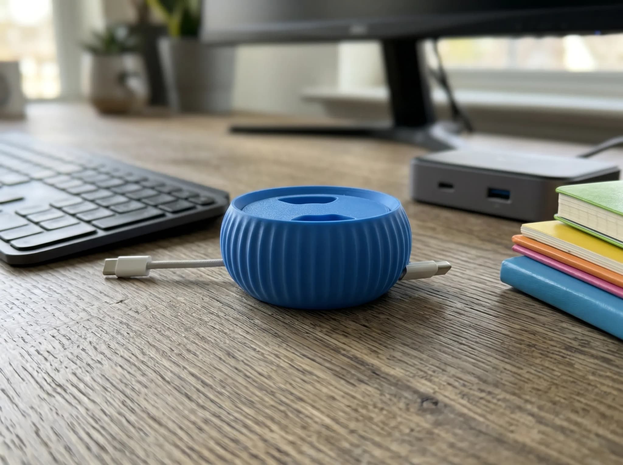 A blue, 3D printed container with a ribbed exterior sits on a wooden desk, next to a keyboard and a stack of colored notebooks.