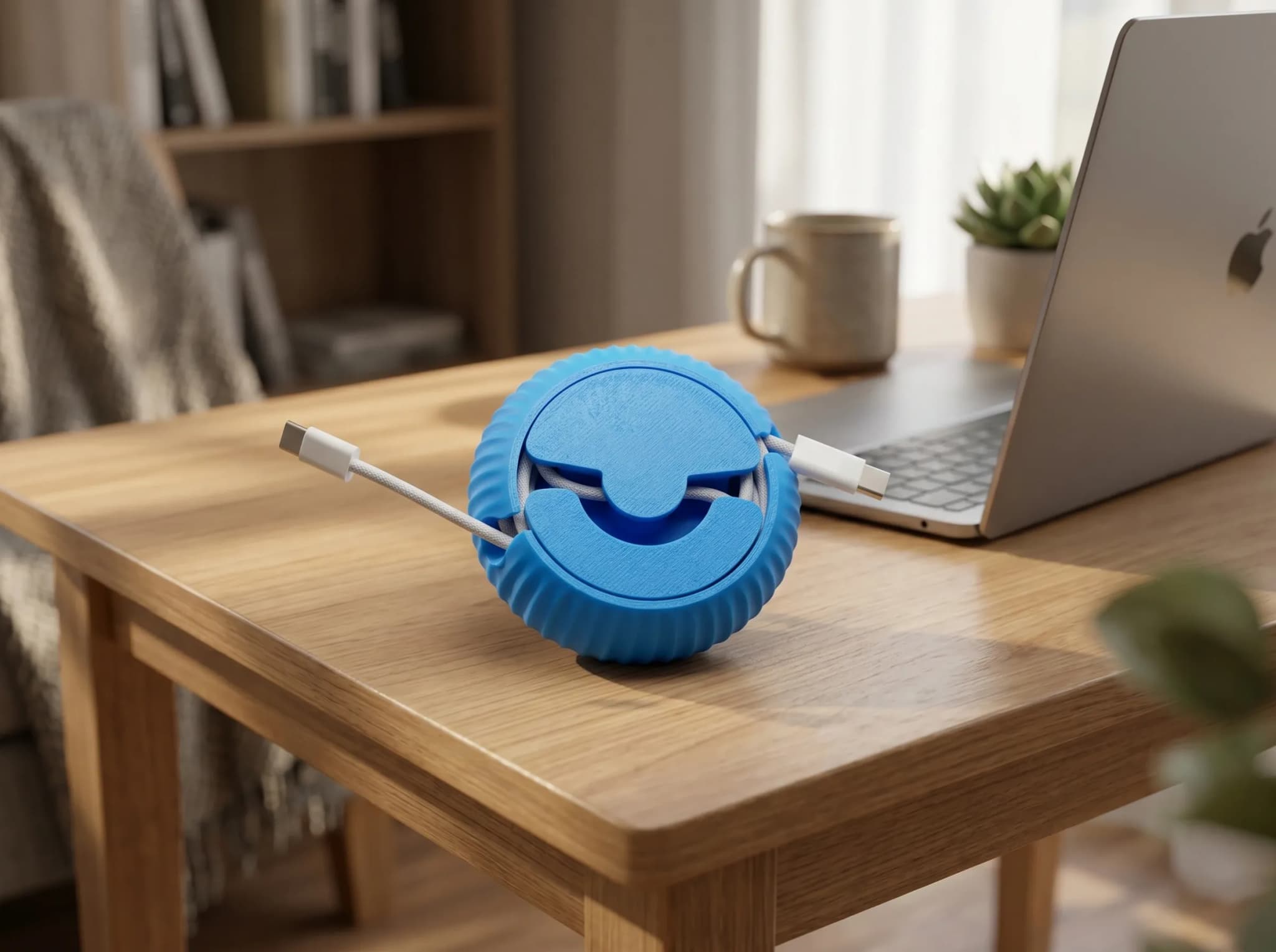 A blue, 3D printed cable organizer with a coiled design sits on a wooden table next to a laptop and a mug.