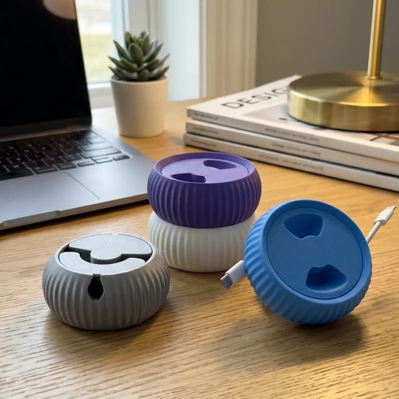 Three 3D printed items in various colors are arranged on a wooden surface, with a laptop and a small plant in the background.