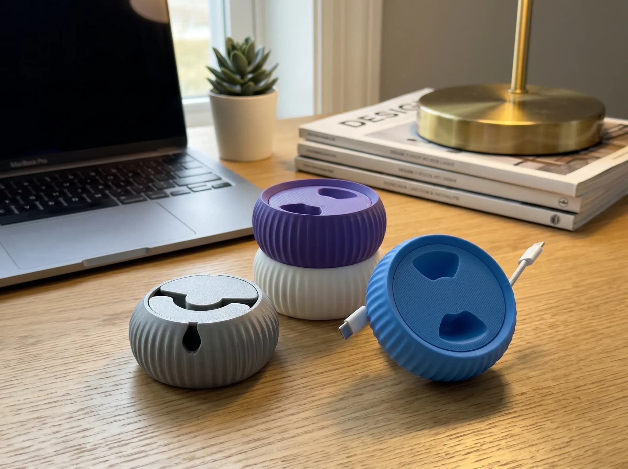 Three 3D printed items in various colors are arranged on a wooden surface, with a laptop and a small plant in the background.