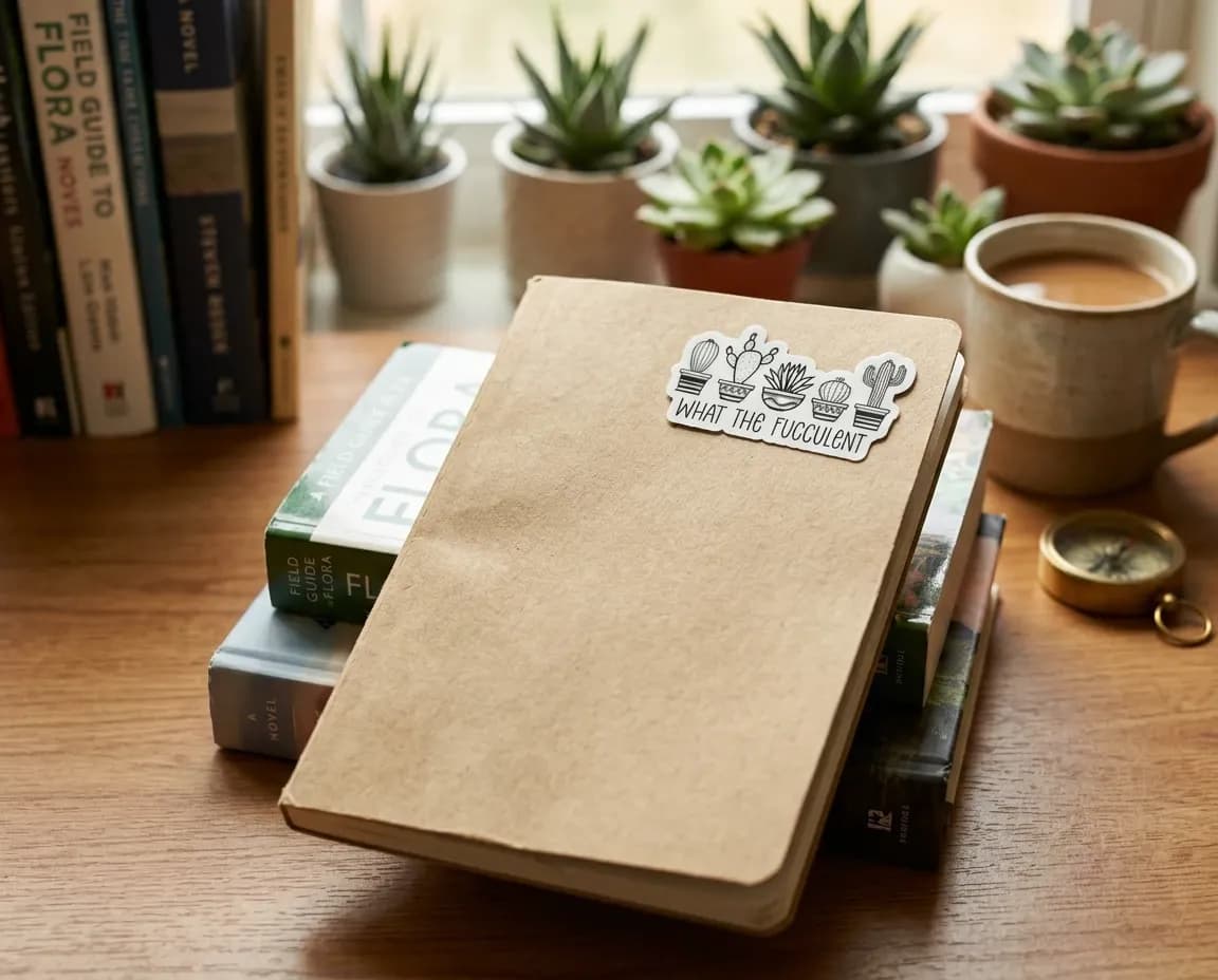 A brown notebook with a decorative sticker sits on top of several stacked books, next to a cup of coffee and small potted succulents.