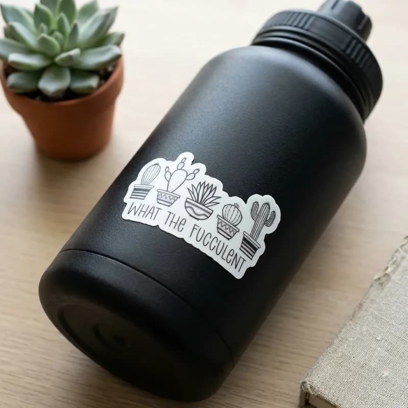 A black water bottle with a decorative sticker featuring illustrations of cacti and the text "WHAT THE FUCCULENT" sits next to a small potted succulent on a wooden surface.