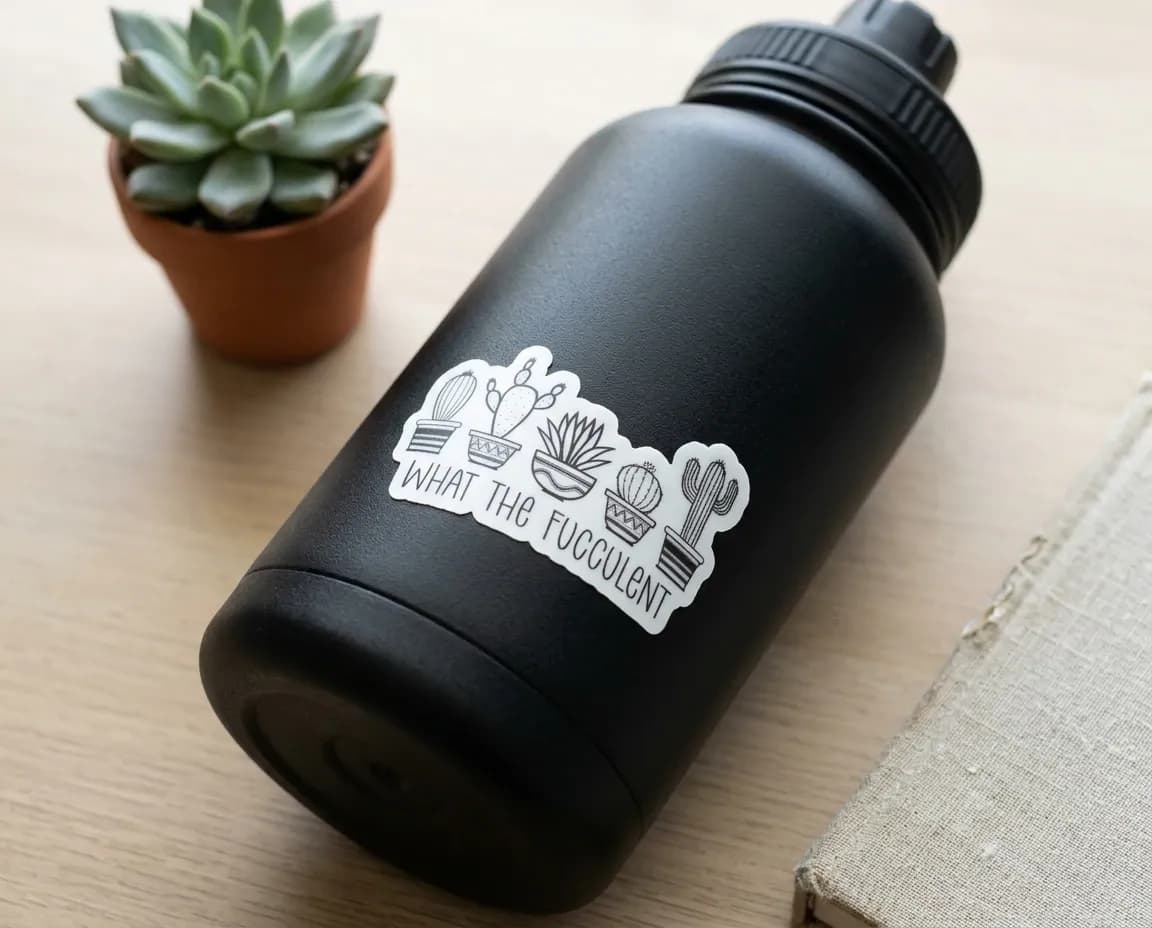 A black water bottle with a decorative sticker featuring illustrations of cacti and the text "WHAT THE FUCCULENT" sits next to a small potted succulent on a wooden surface.