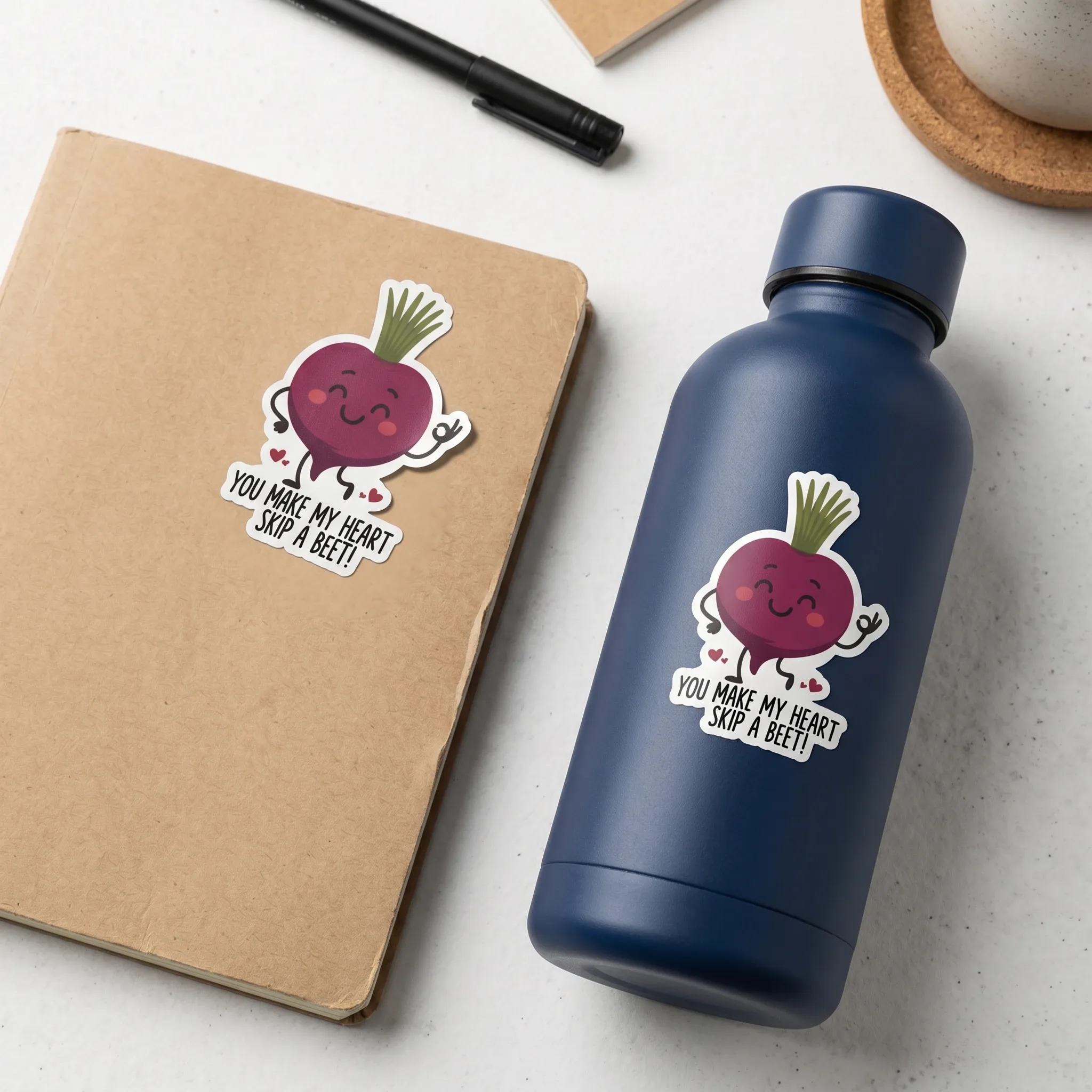 A navy water bottle and a brown notebook with a cartoon radish sticker that has the text "YOU MAKE MY HEART SKIP A BEET!" are placed on a light surface.
