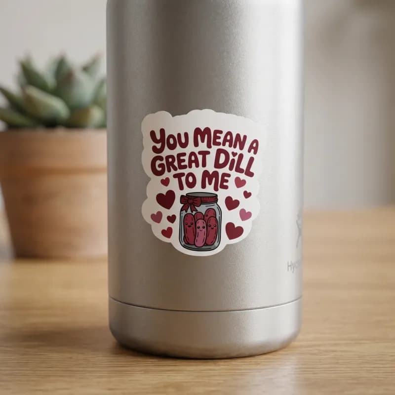 A silver container features a colorful sticker with the text "You mean a great dill to me" and a jar illustration containing pickles, surrounded by small hearts.