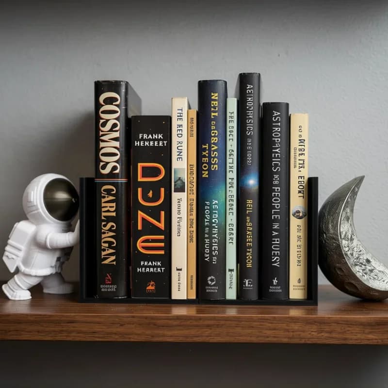 A collection of books on a wooden shelf, featuring titles related to science and space, including "Cosmos" by Carl Sagan and "Dune" by Frank Herbert. A small white astronaut figurine leans against the books, and a metallic crescent moon sculpture is positioned at the end of the shelf.
