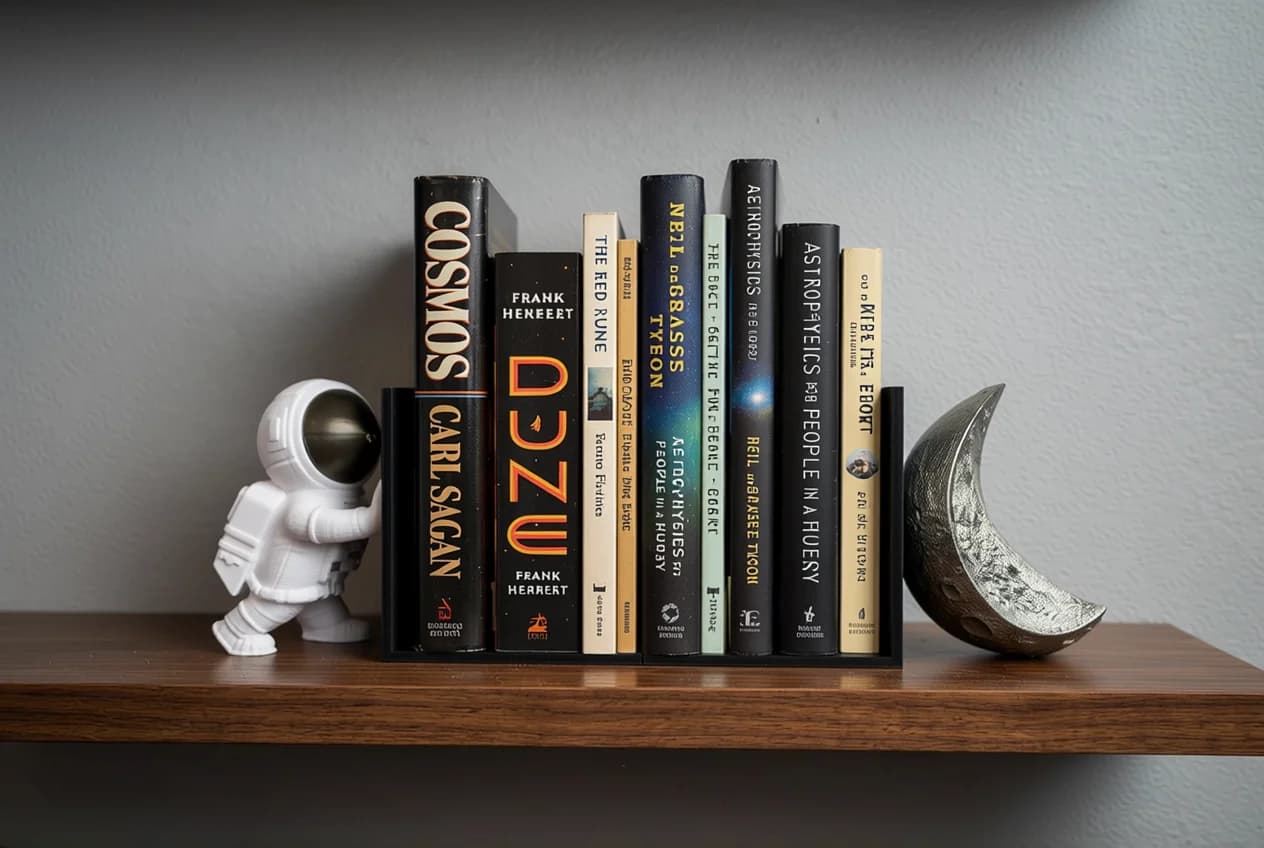 A collection of books on a wooden shelf, featuring titles related to science and space, including "Cosmos" by Carl Sagan and "Dune" by Frank Herbert. A small white astronaut figurine leans against the books, and a metallic crescent moon sculpture is positioned at the end of the shelf.