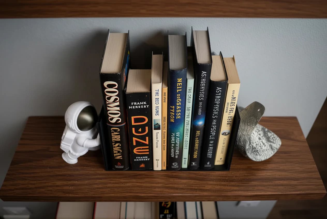 A collection of books on a wooden shelf, featuring titles related to science and astronomy, including "Cosmos" by Carl Sagan and "Astrophysics for People in a Hurry." A small white astronaut figurine and a decorative stone sculpture are positioned beside the books.